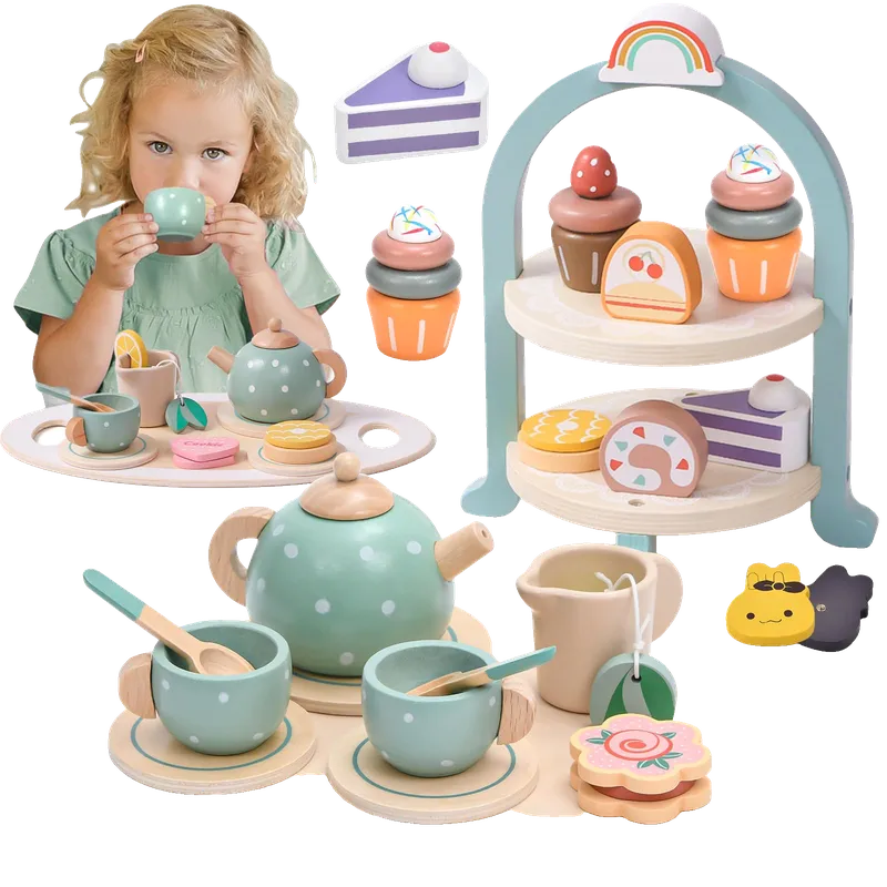 Wooden Tea Party Set for Little Girls 28 Pcs Toddler Tea Set