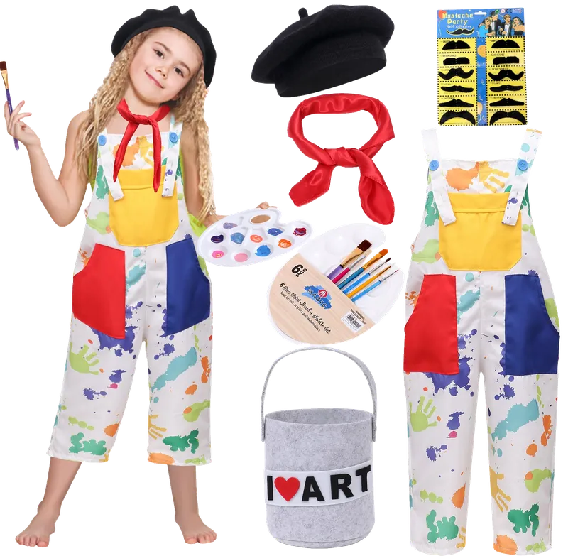 Kids Artist Costume with Overalls Berets Beard Bow Tie Paint