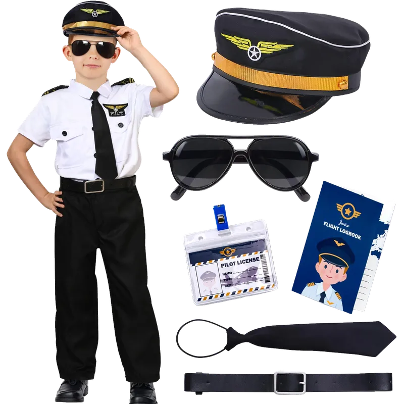Pilot Costume for Kids Boys Airplane Outfit with Hat Sunglasses