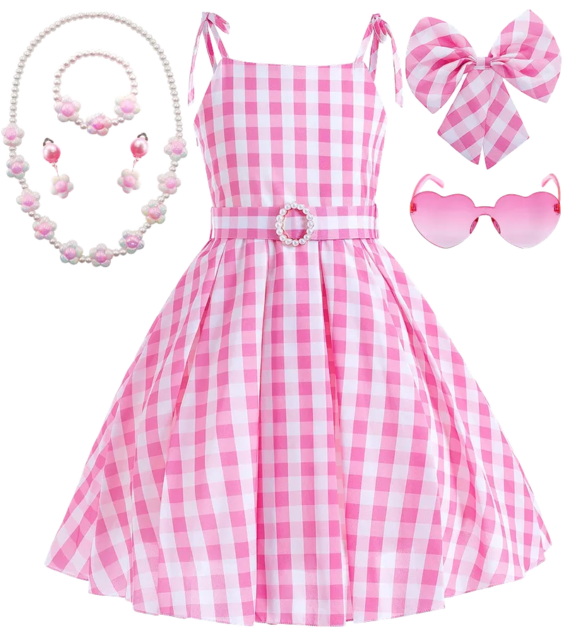 Girls Plaid Costume Dress Sweet Slip Dress with Accessories