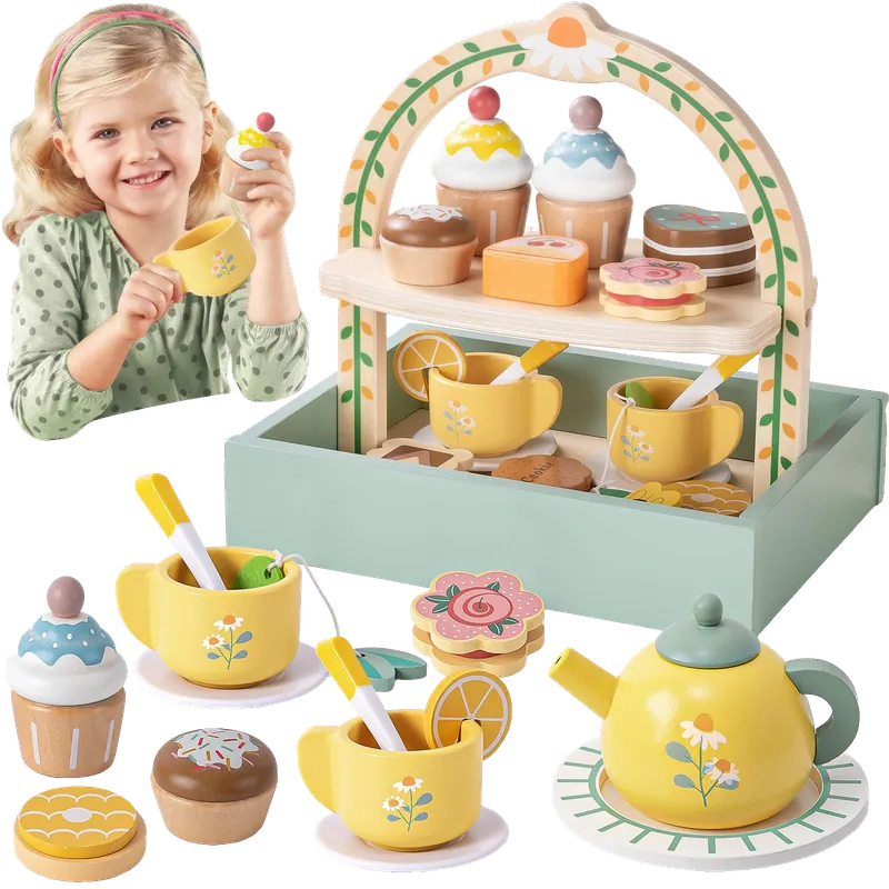 Wooden Tea Party Set for Little Girls Toys Tea Set with Storage