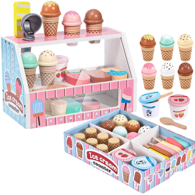 Wooden Ice Cream Toys Kids Kitchen Play Store for Toddlers Girls