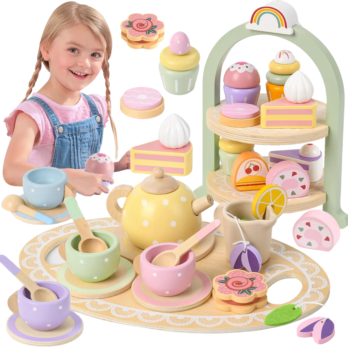 Wooden Tea Party Set for Little Girls Toddler Tea Set