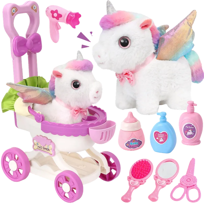 Girl Interactive Walking Unicorn Stroller Toy Set with Plush