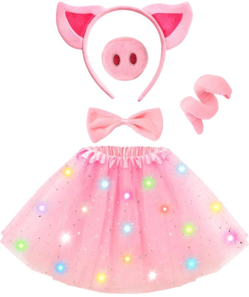 Kids Light Up Pig Costume Girls Pig Ears Headband Nose Tail Bow