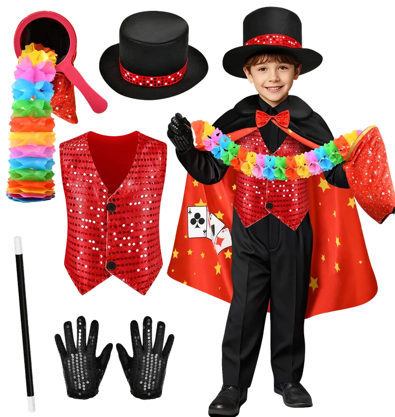 Kids Magician Costume Boys Girls Magic Kits with Vest Bag