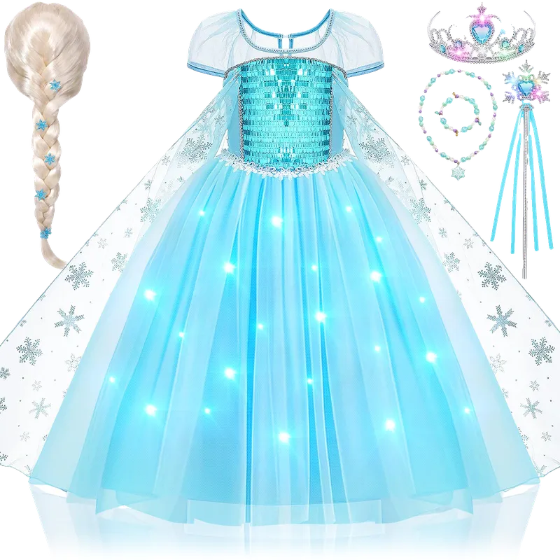 Girls Light Up Princess Dress Costume with Cape Kids Wig Crown