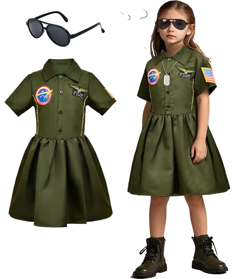 Girls Pilot Dress Costume Toddler Kids Military Aviator Fighter