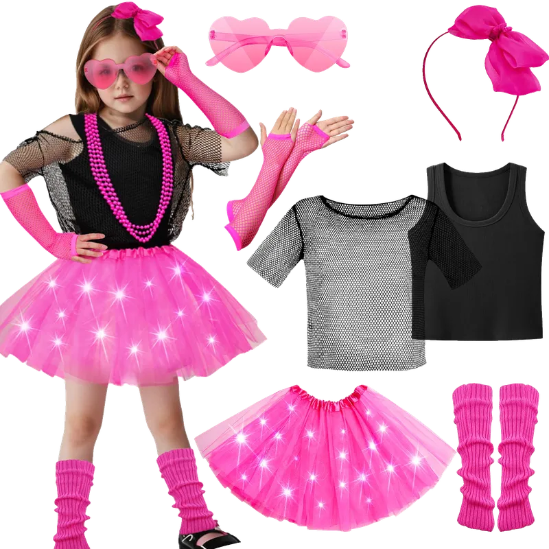 Kids 80s Costume Girls 3T-10 with LED Light Up Tutu Skirt