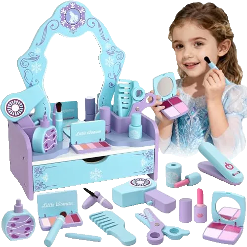 Snowflake Wooden Vanity Set, Pretend Makeup Toys for Girls Ages
