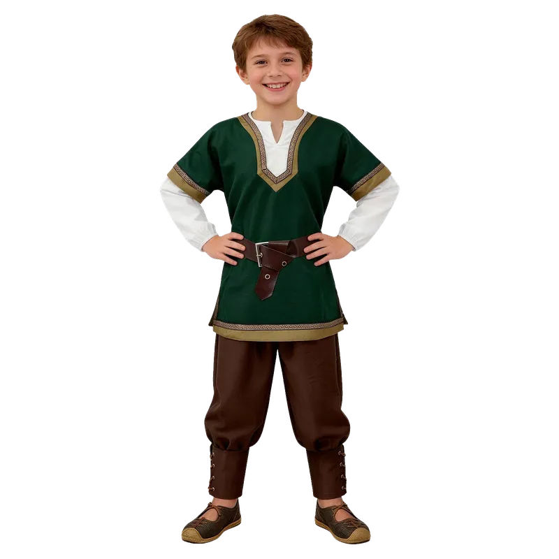 Boys Renaissance Costumes with Green Shirt Brown Pants and Belt