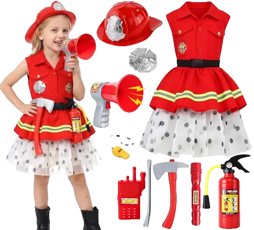 Firefighter Costume for Girls, Dress Up Toy with Accessories