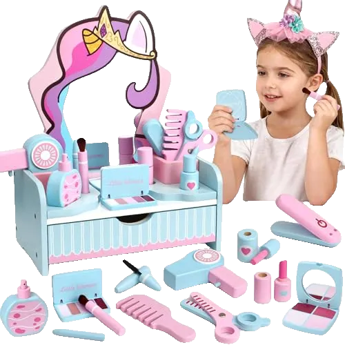 Unicorn Wooden Vanity Set, Pretend Makeup Toys for Girls Ages