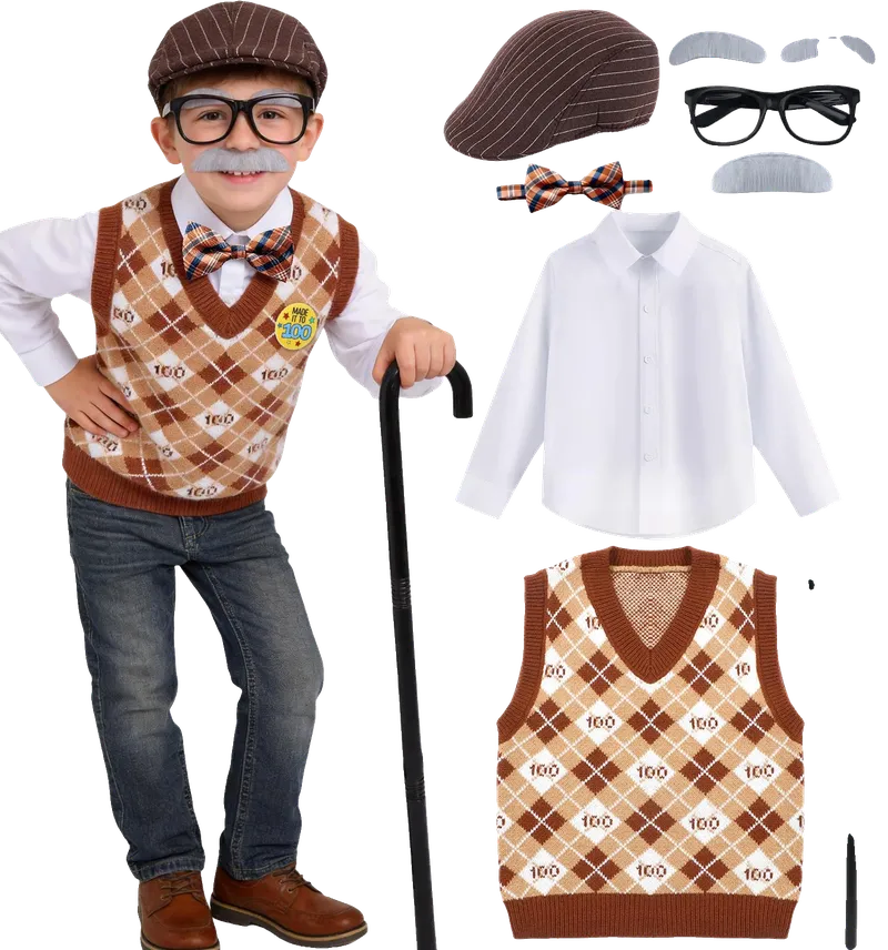 Old Man Costume for Boys Kids, Grandpa 100 Days of School