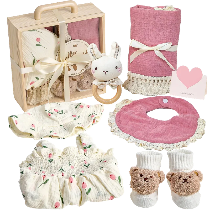 Baby Girl Gift Set 9-Piece Newborn Essentials in Wooden Box