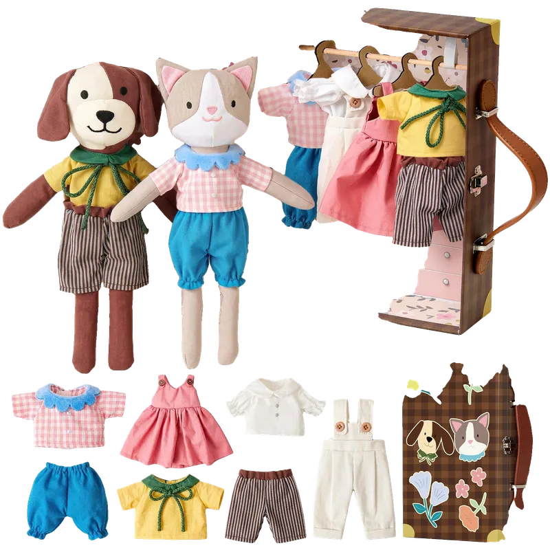 Cat & Dog Plush Doll Dress Up Playset with Portable Suitcase