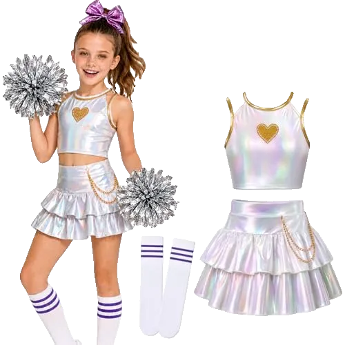 Cheerleader Costume for Girls, Silver Sequin Dress with Pom