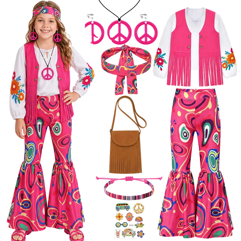 Girls 70s Outfits for Kids 60s 70s Fake Two-Piece Hippie