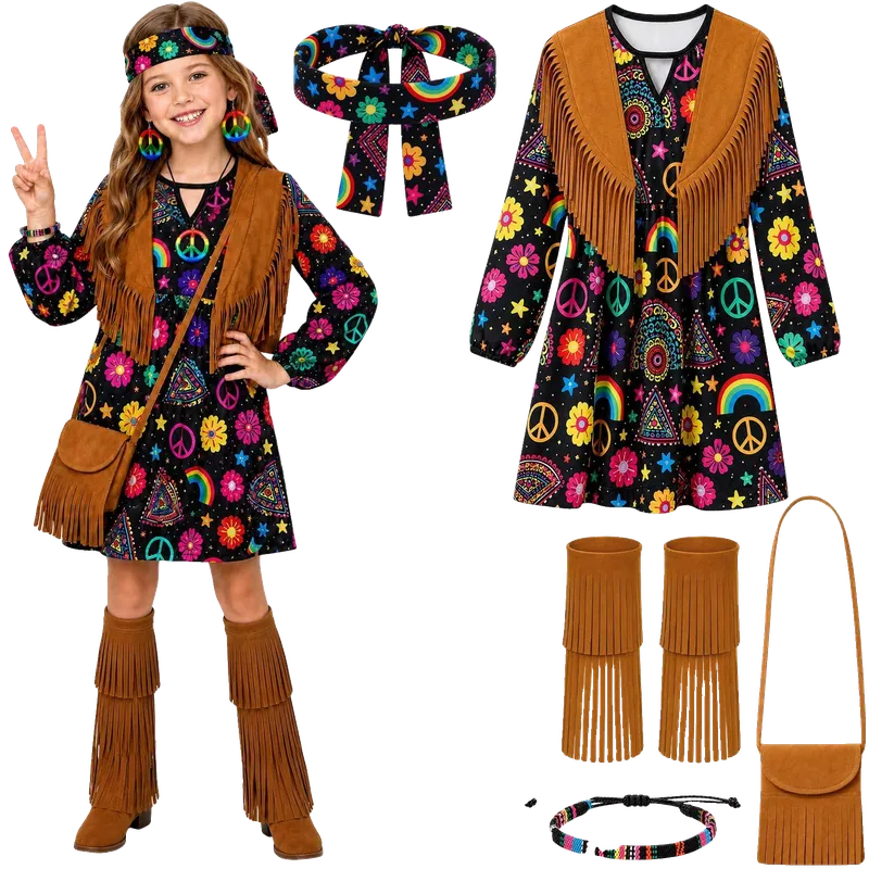 Girls 60s 70s Outfits Kids Fake Two-Piece 70s Dress Costume