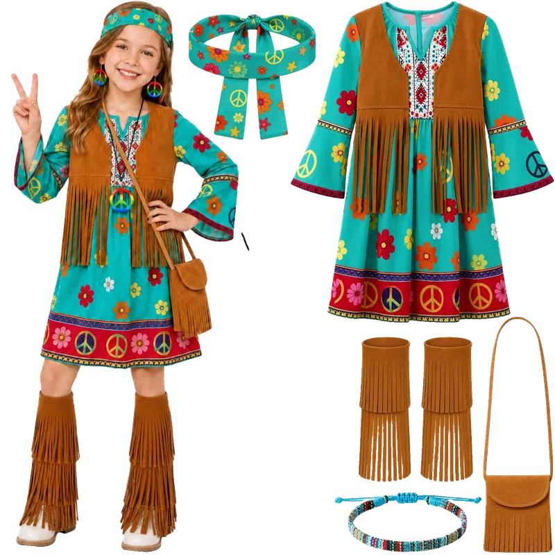 Girls 60s 70s Outfits Kids Fake Two-Piece 70s Dress Costume