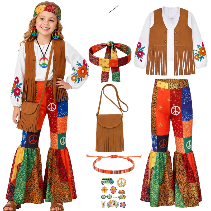 Girls 70s Outfits for Kids 60s 70s Fake Two-Piece Hippie