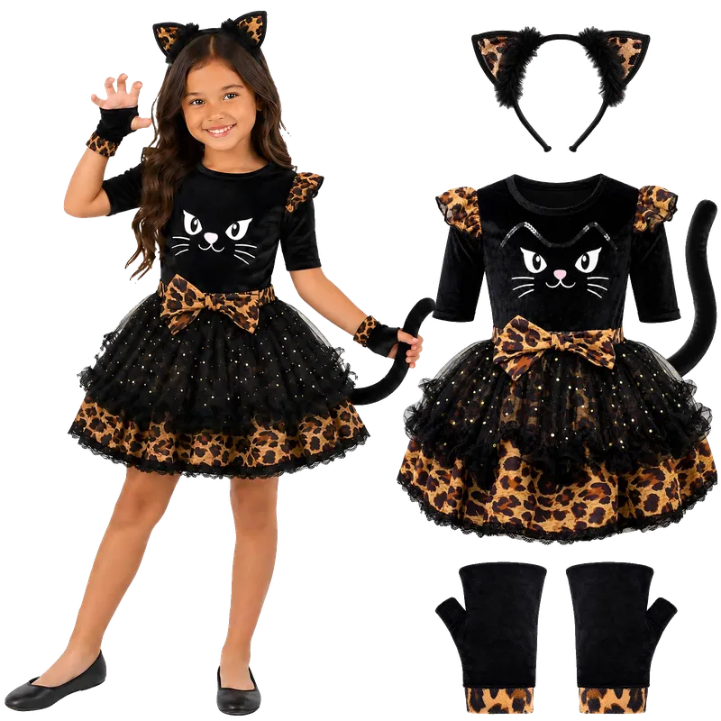 Girls Leopard Cat Costume Dress with Cat Ear Headband