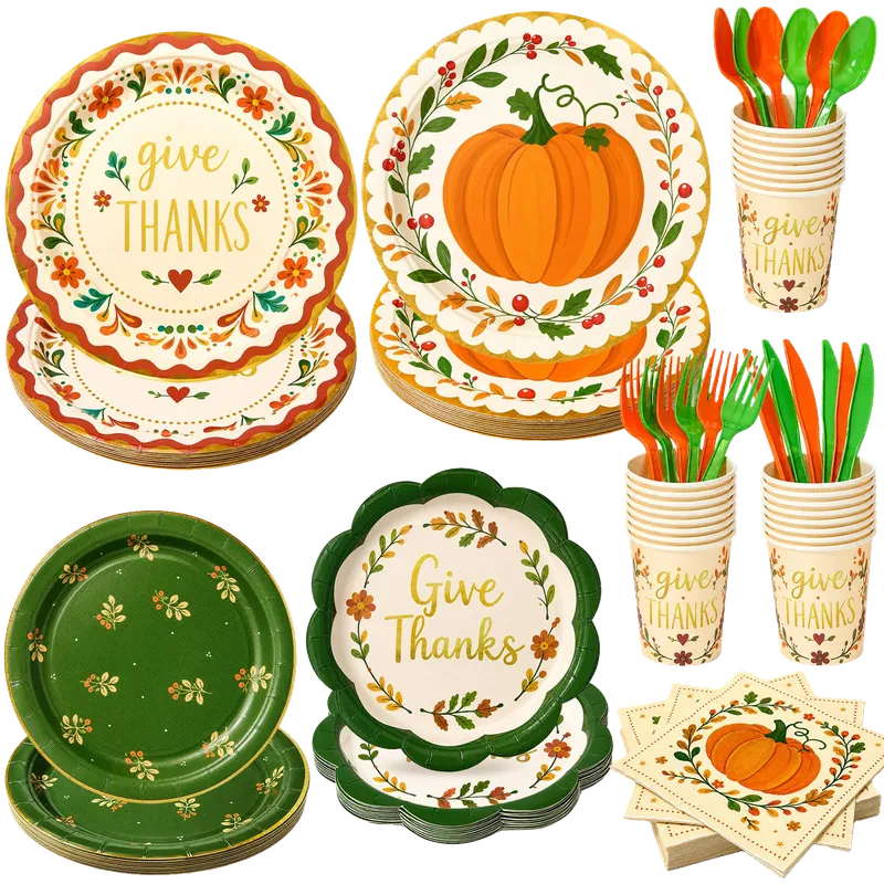 Fall Thanksgiving Paper Plates and Napkins Set Serves 24