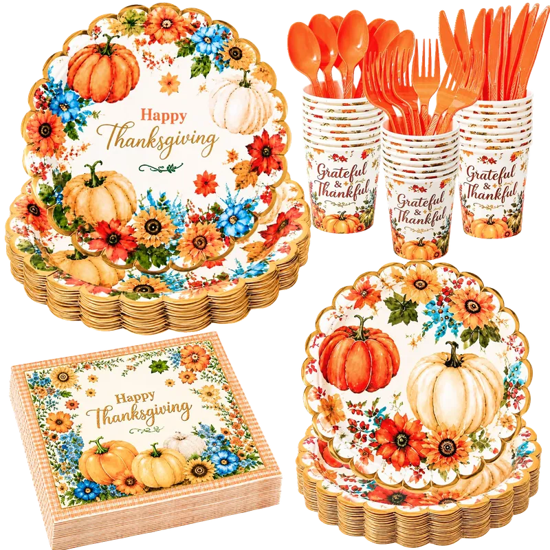 Fall Thanksgiving Paper Plates and Napkins Set Serves 24