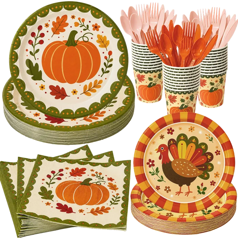 Fall Thanksgiving Paper Plates and Napkins Set Serves 24