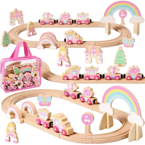 Wooden Train Set for Girls, Unicorn Train Track Set & Storage