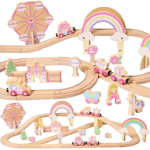 Wooden Train Set for Girls, 45Pcs Deluxe Pink Unicorn Train